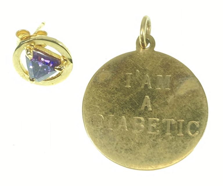14k gold diabetic charm and glass earring