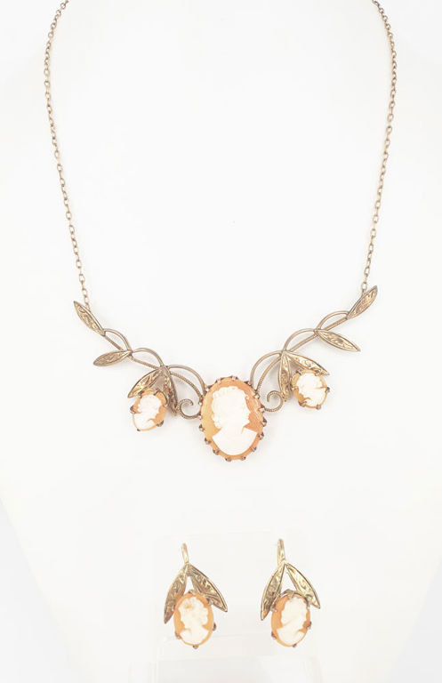 9k gold shell cameo necklace and earrings set