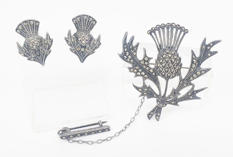 Sterling silver marcasite thistle brooch earrings set