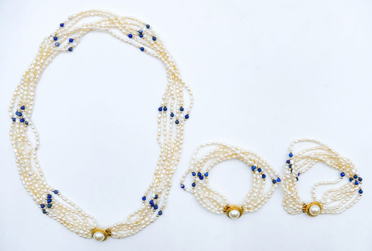 Multi-strand seed pearl lapis bead jewelry set