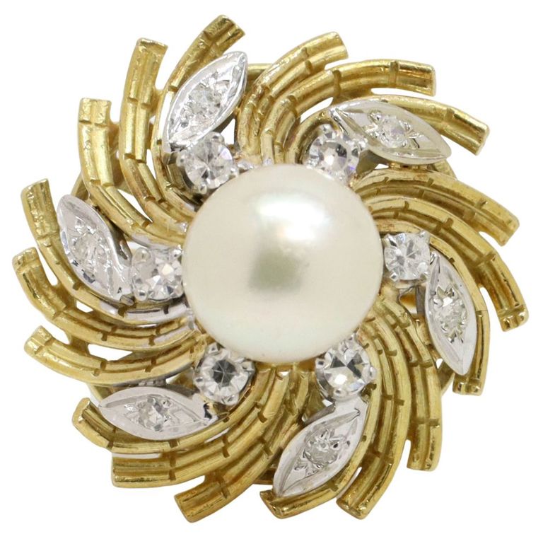 18k gold pearl and diamond ring