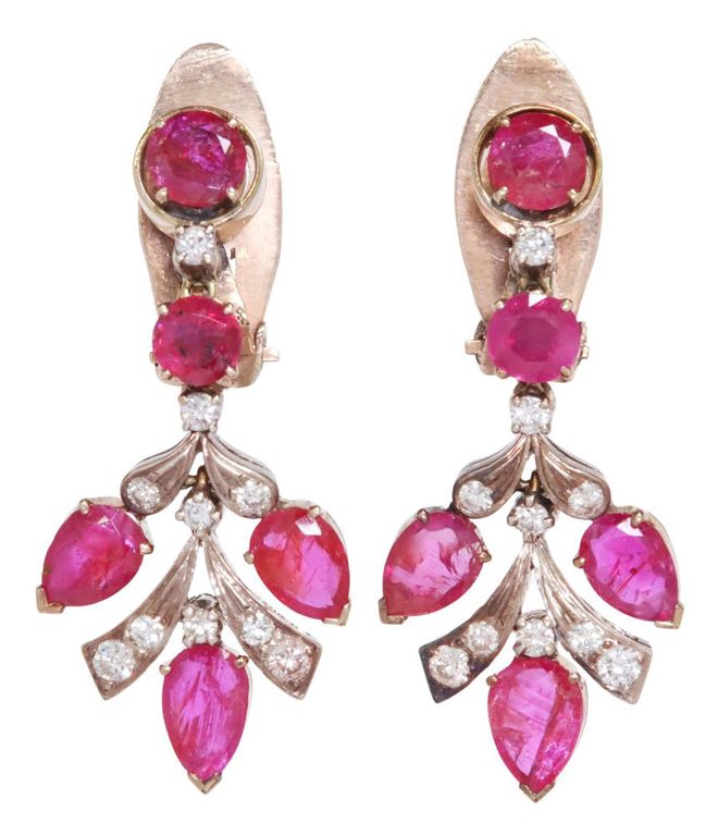 9k rose gold ruby and diamond drop earrings