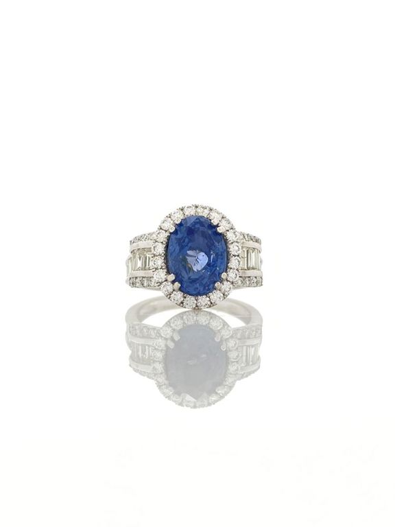 Platinum sapphire and diamond ring
