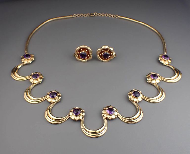 14k gold amethyst choker and earrings