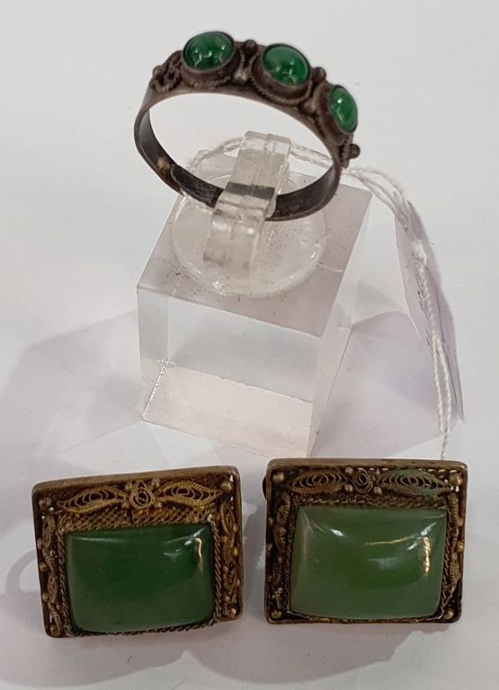 Antique Chinese silver gilt jade earrings and silver ring