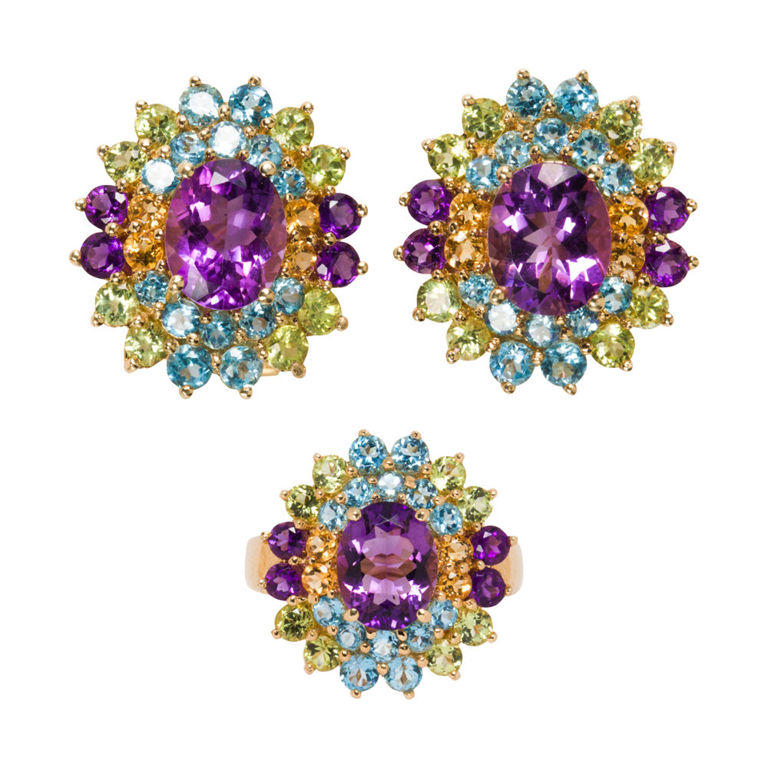 14k gold semi-precious gemstone ring and earring set