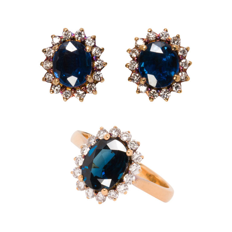 Sapphire, diamond and 18k gold ring and earring set