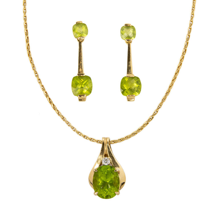 14k gold peridot necklace and earrings