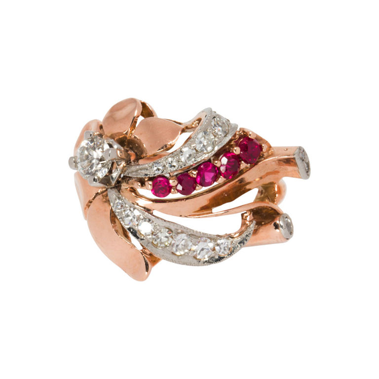 14k rose gold diamond and synthetic ruby ring