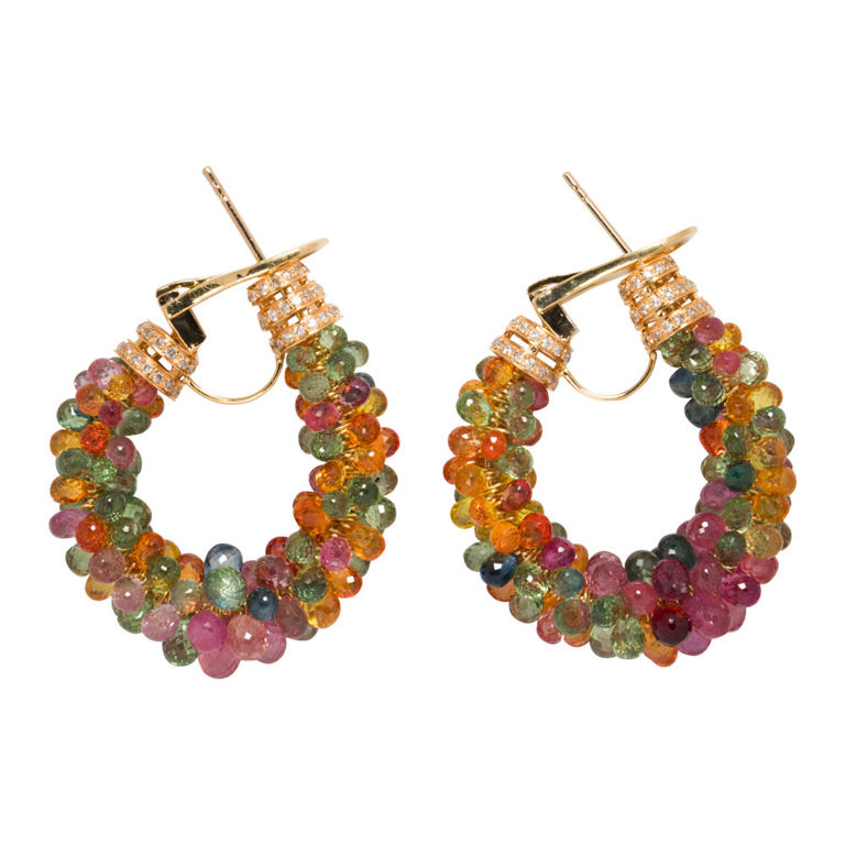 18k gold fancy colored sapphire and diamond earrings