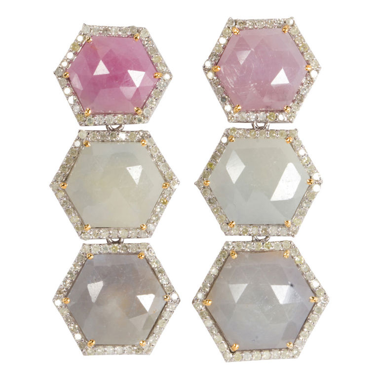 Silver multi-hue sapphire and diamond earrings