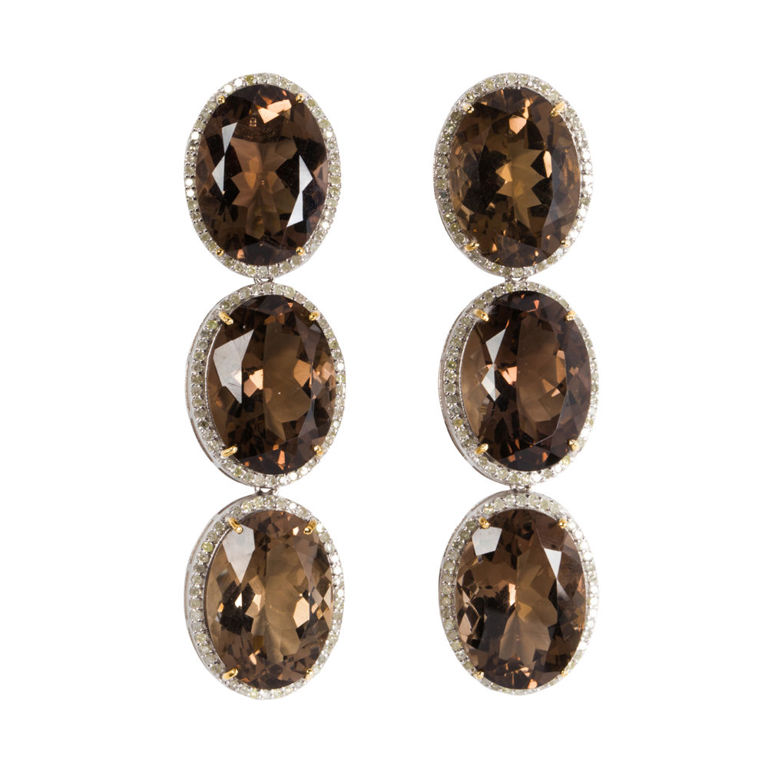 Smoky quartz diamond silver-gold earrings
