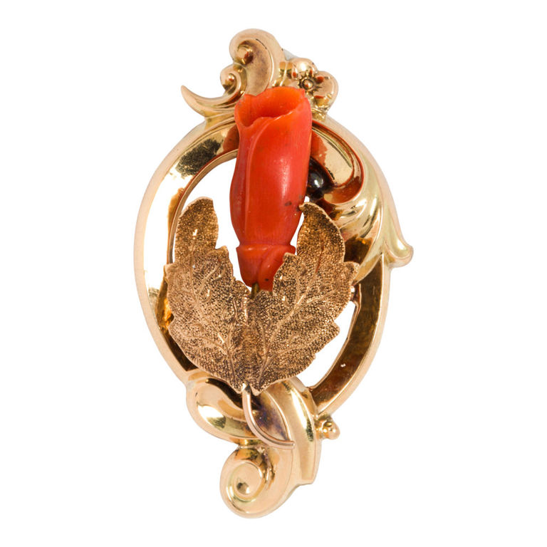 14k gold coral brooch