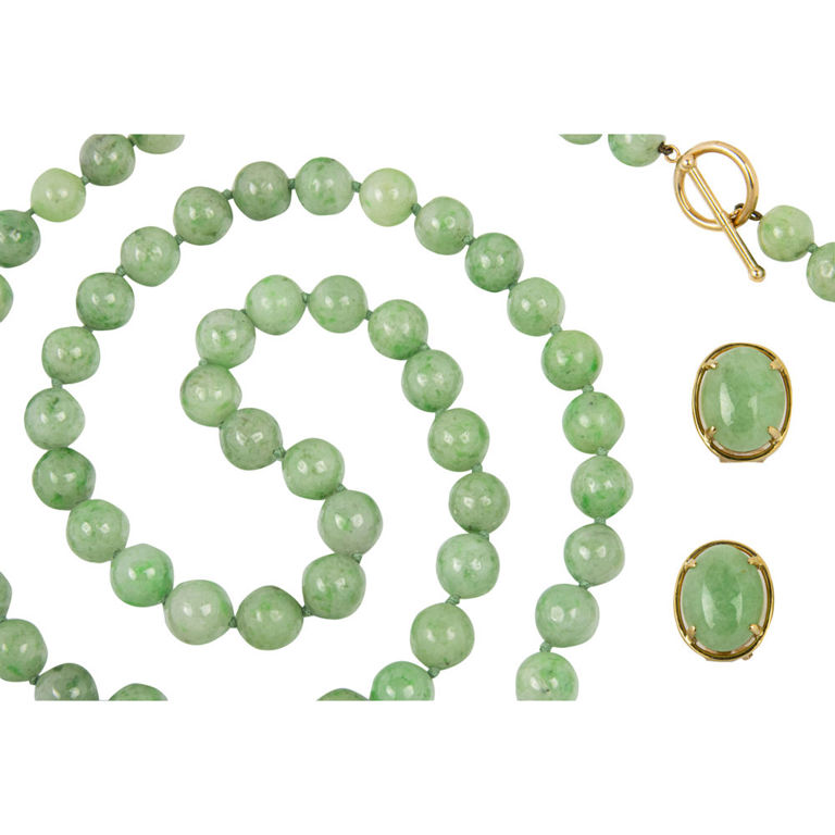 14k gold jade bead necklace and earrings