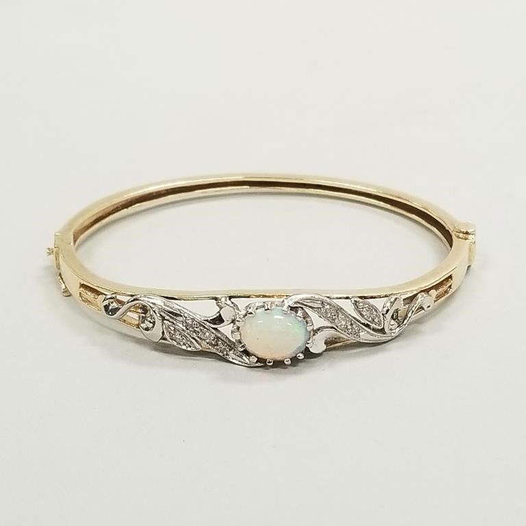 14k gold opal diamond bangle bracelet