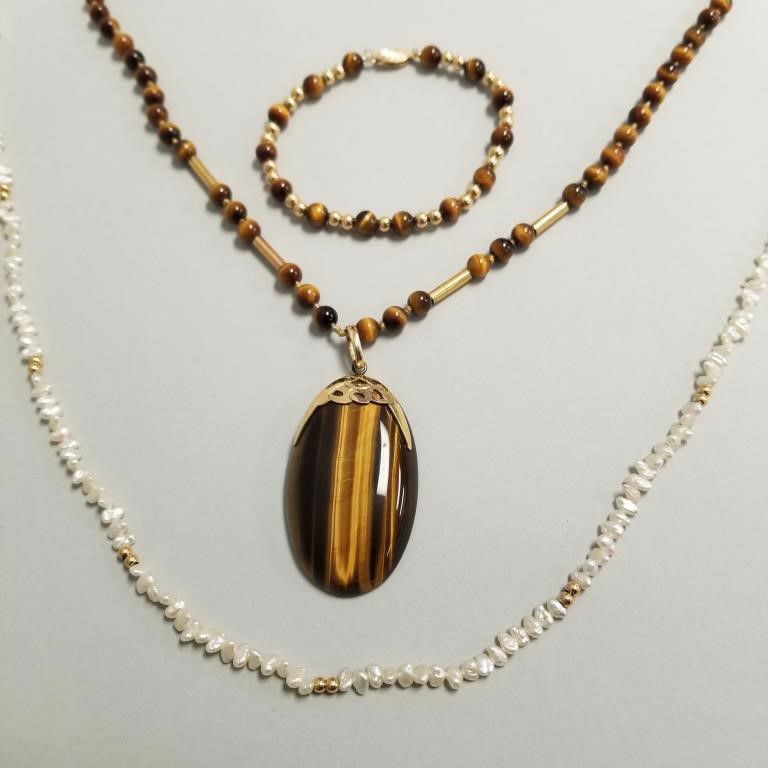 14k gold pearl and tiger eye jewelry set