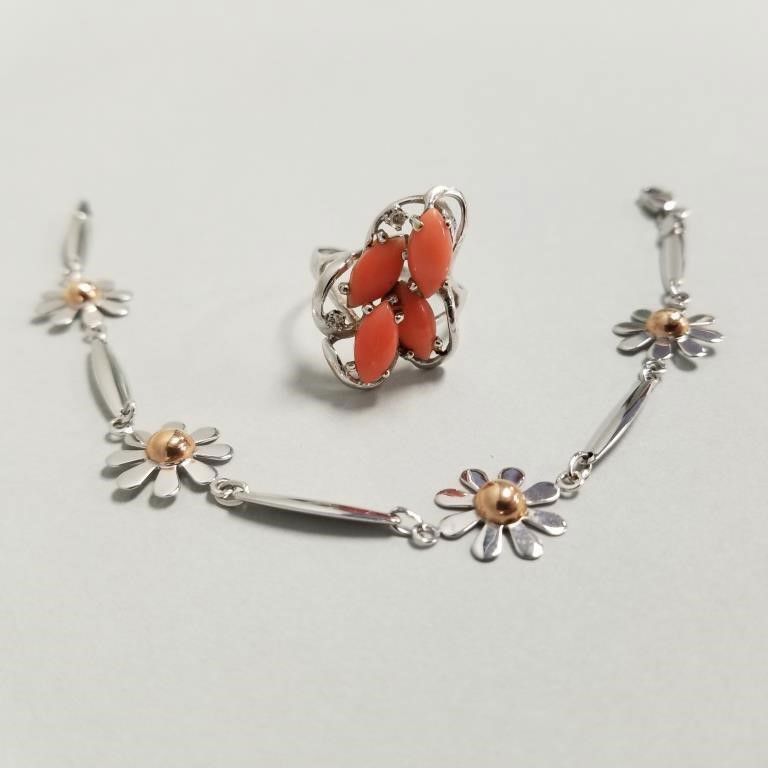 14k white gold coral diamond ring and bracelet