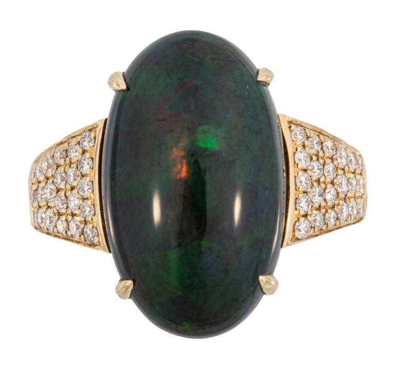 14k yellow gold black opal and diamond ring