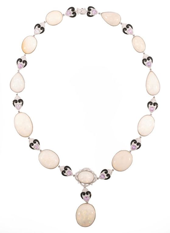 950 platinum opal, sapphire, diamond and enamel necklace