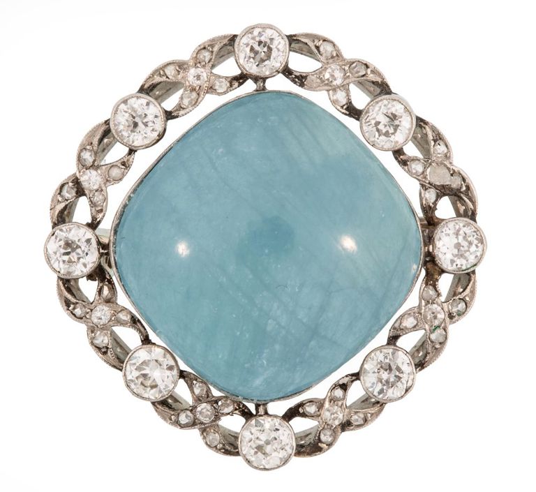 Platinum aquamarine and diamond brooch
