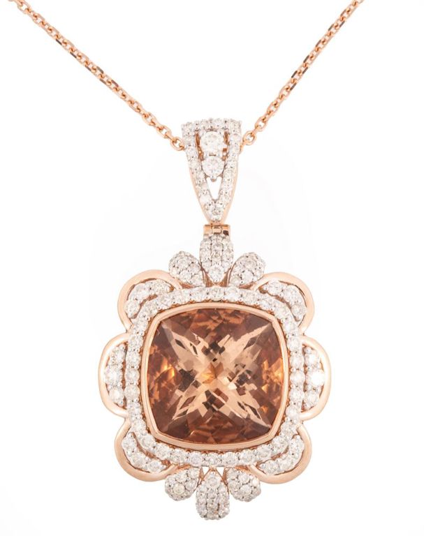 14k rose and white gold morganite and diamond pendant on chain