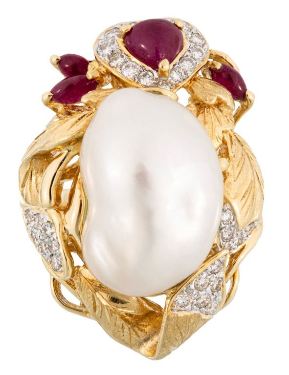 18k yellow gold pearl, ruby and diamond ring
