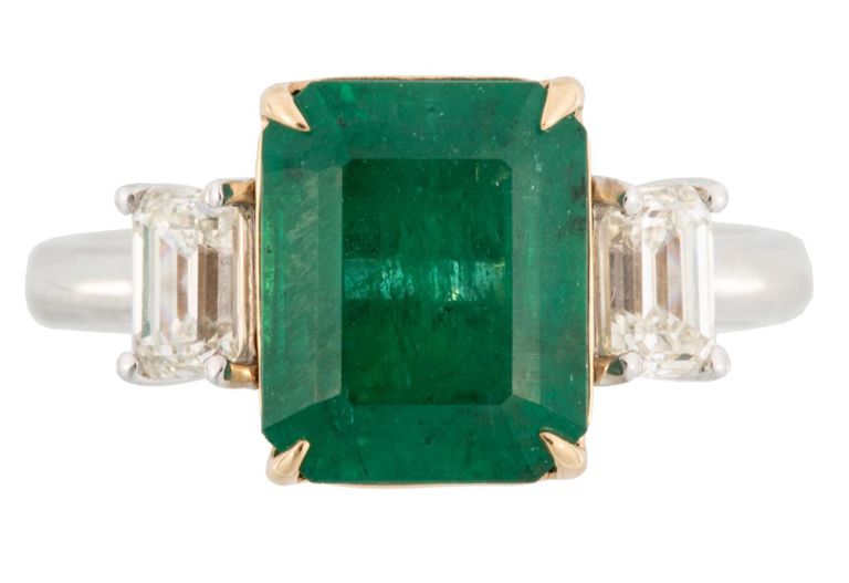 Platinum and 18k yellow gold emerald and diamond ring