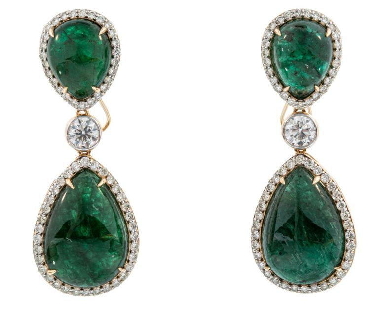 14k yellow and white gold emerald and diamond dangle earrings