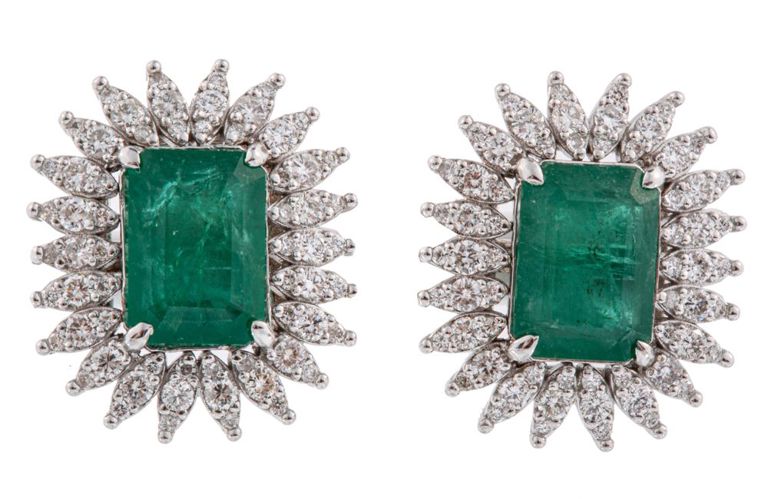 18k white gold diamond and emerald earrings