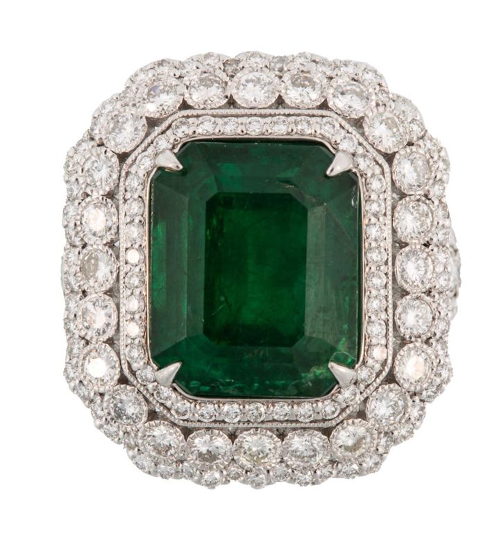 Platinum emerald and diamond ring