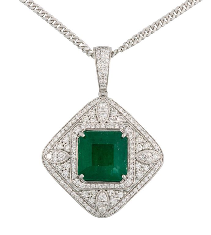 Platinum emerald and diamond pendant on chain