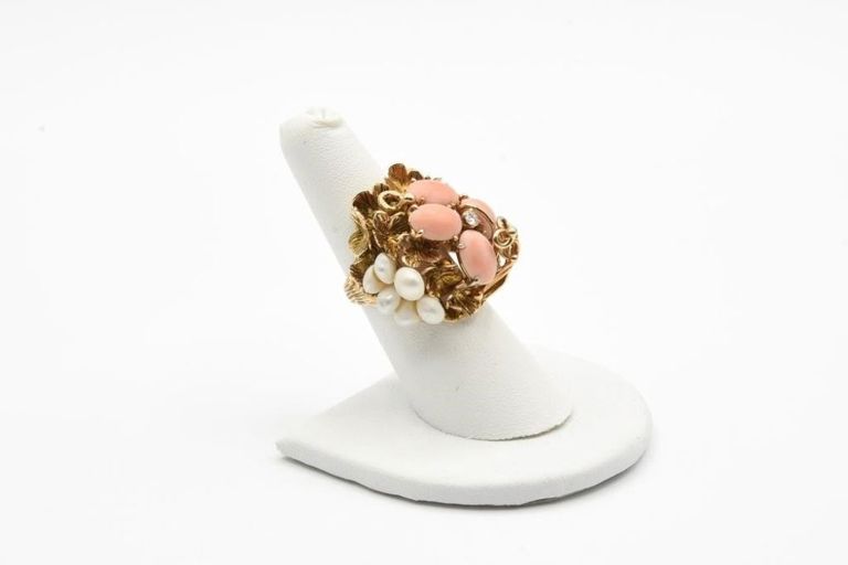14k gold coral pearl diamond ring