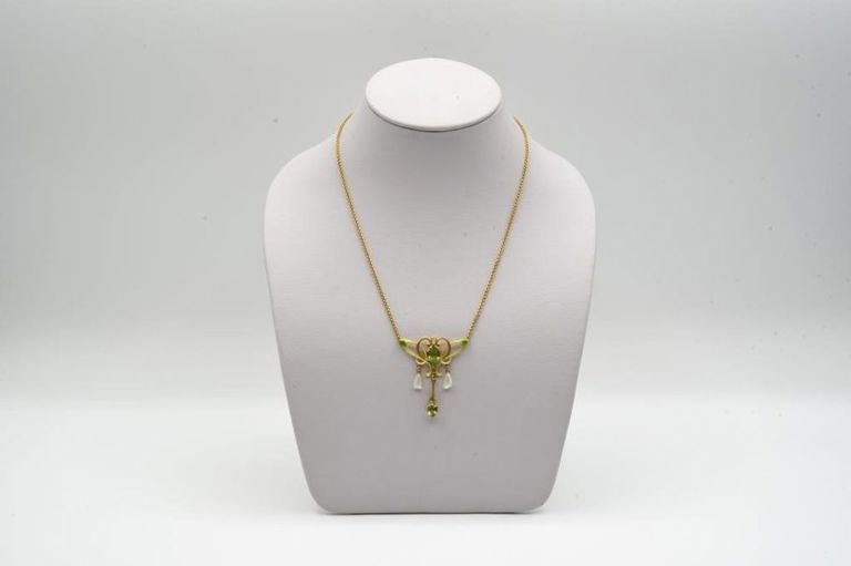 14k gold peridot diamond necklace with enameled pendant