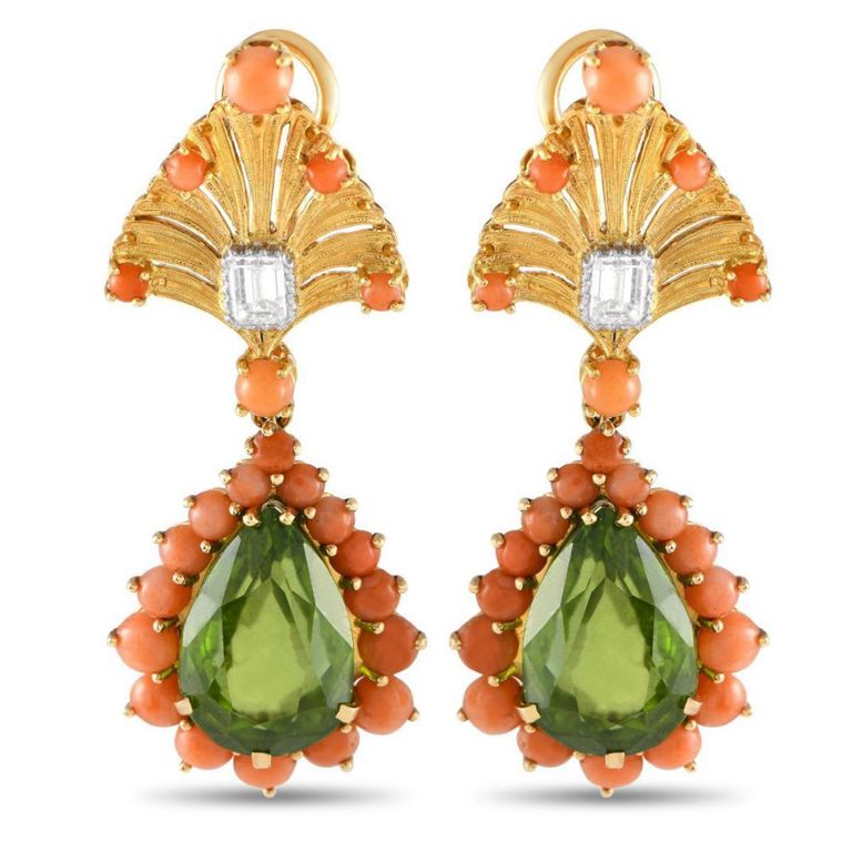 18k yellow gold diamond coral peridot earrings