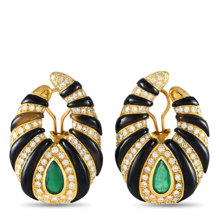 18k yellow gold diamond emerald onyx earrings