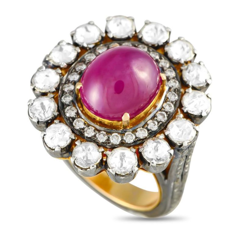 18k yellow gold silver diamond ruby ring