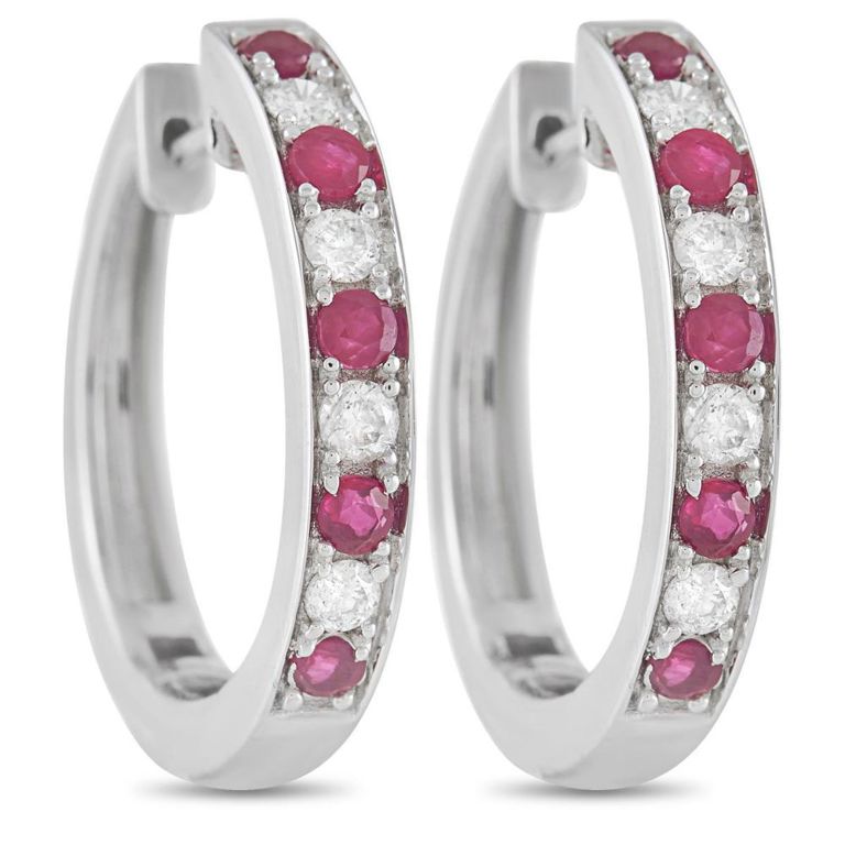 14k white gold diamond ruby hoop earrings