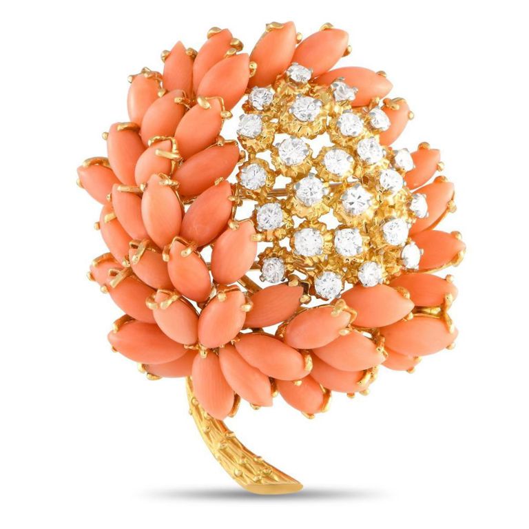 18k yellow gold diamond coral flower brooch