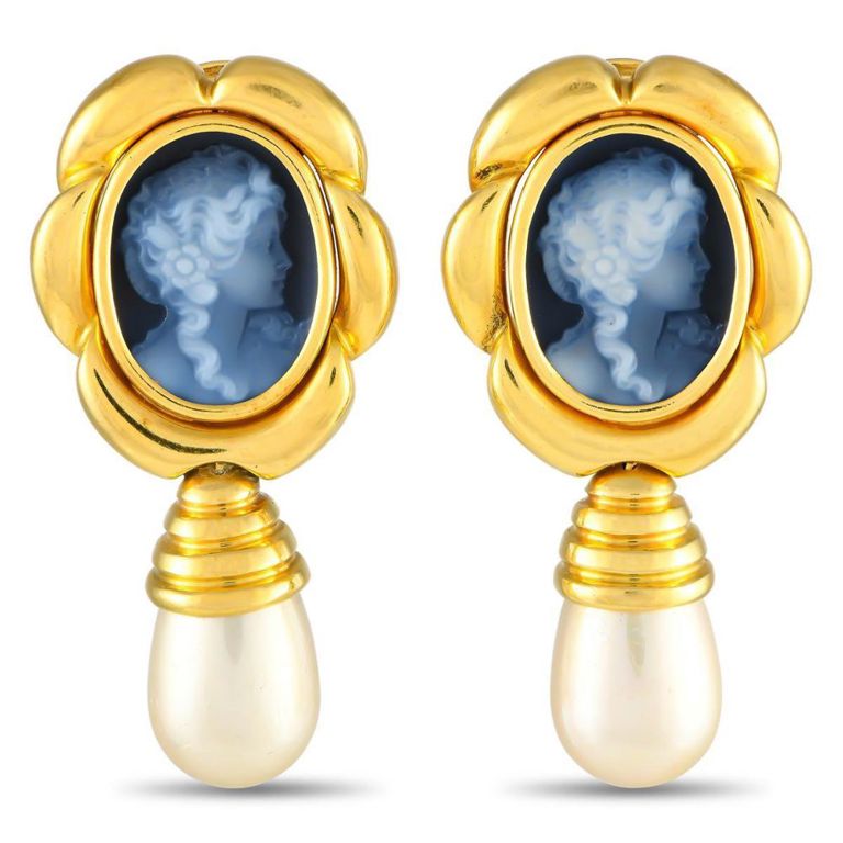 18k yellow gold cameo pearl earrings
