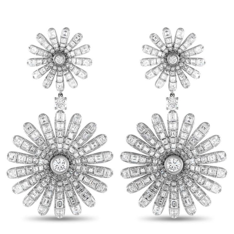 18k white gold diamond daisy dangle earrings