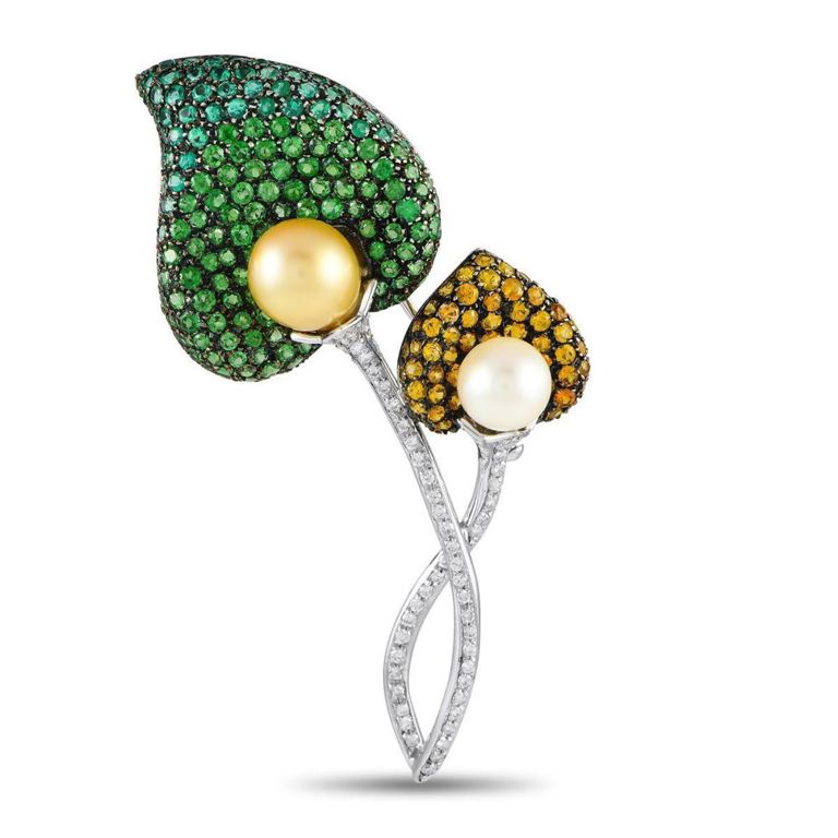 18k white gold diamond pearl sapphire tsavorite brooch