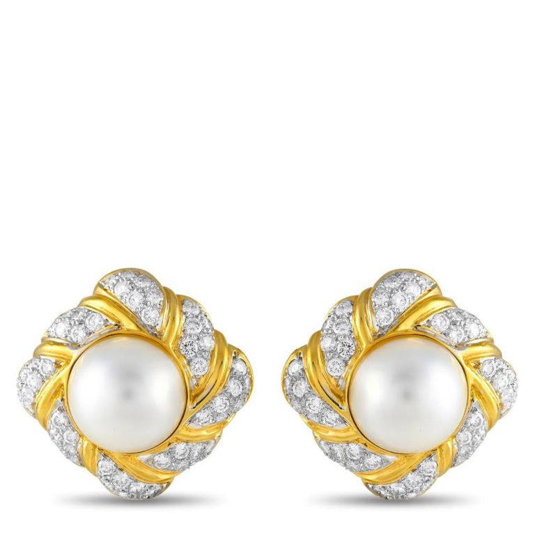 18k yellow gold diamond mobe pearl earrings