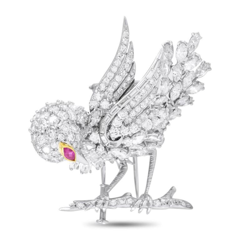 Platinum diamond ruby bird brooch