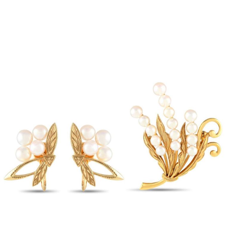 14k yellow gold pearl brooch and earrings