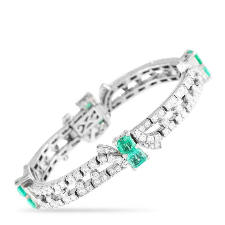 Platinum diamond and emerald bracelet