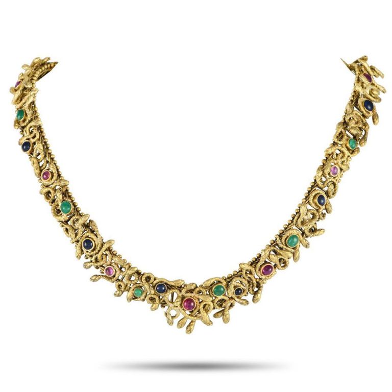 18k yellow gold emerald ruby sapphire snake necklace