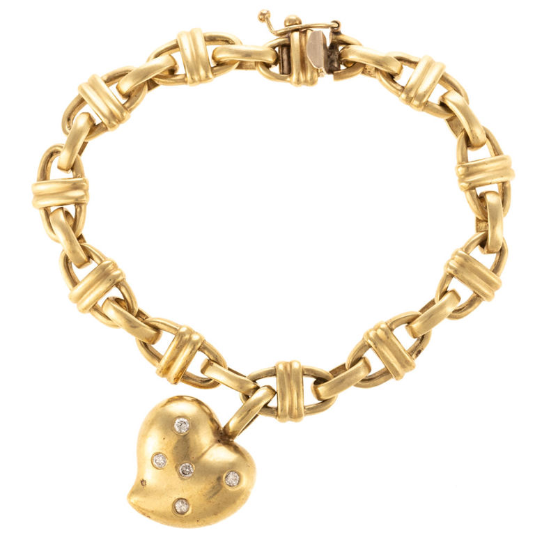 14k yellow gold puffed heart diamond charm bracelet