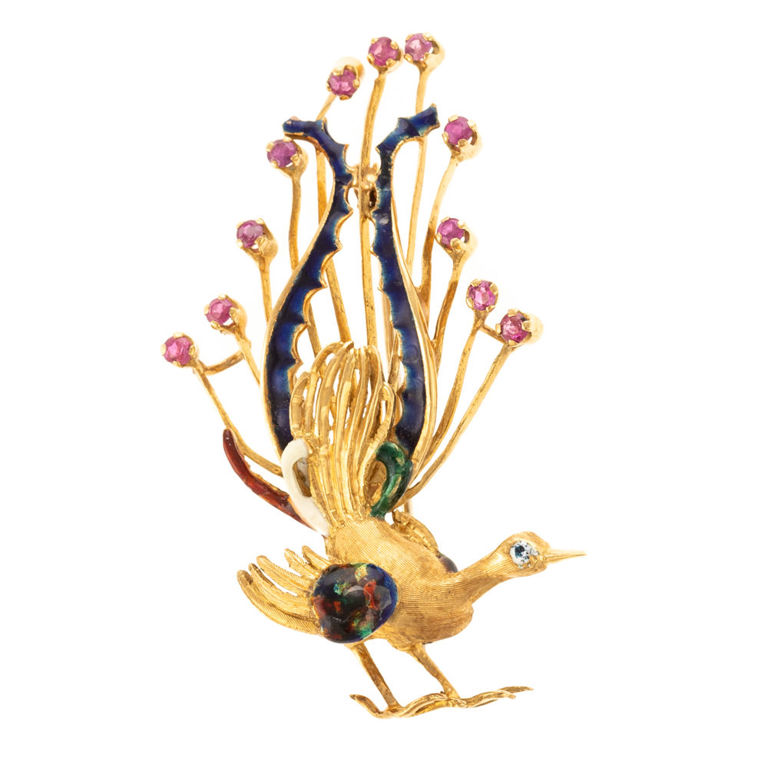 18k yellow gold enamel and gemstone peacock brooch