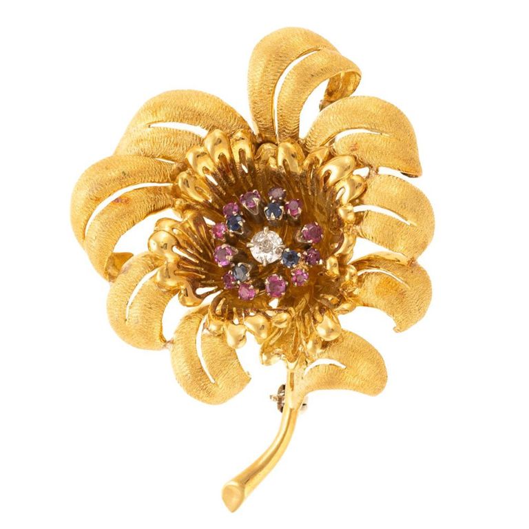 18k yellow gold diamond, ruby and sapphire floral brooch