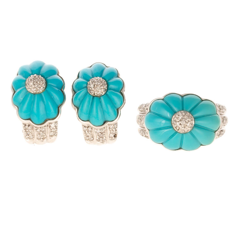 14k white gold turquoise and diamond ring and matching clip earrings